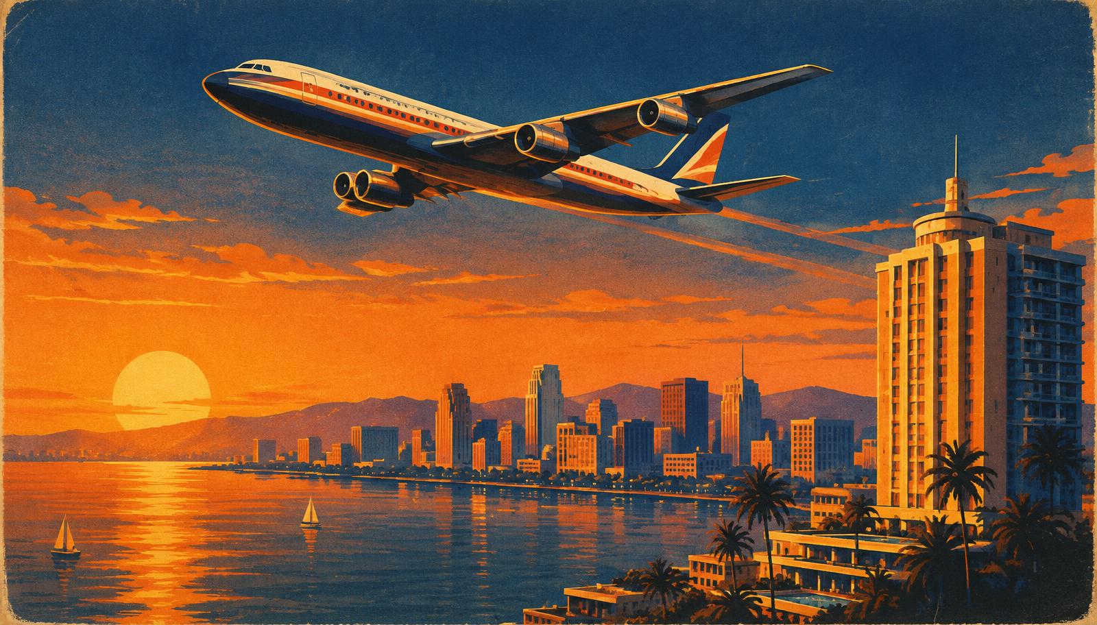 Vintage airliner over a city at sunset